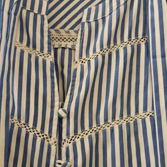 Boho Cottagecore NWT blue stripe midi Peasant Coastal dress embroider pocket XL - Picture 2 of 13